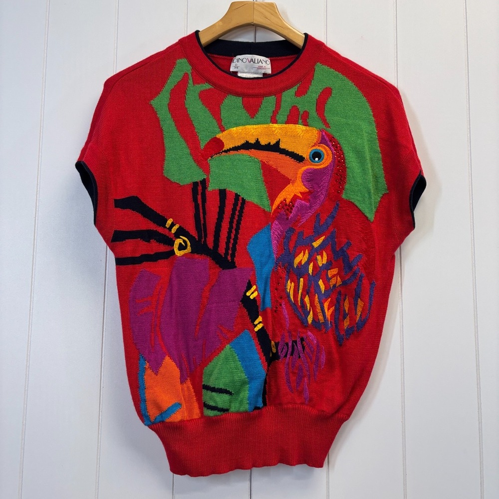 Vintage Dino Valiano Women 80s Artsy Toucan Bird Sweater Size 38 Whimsical Bold